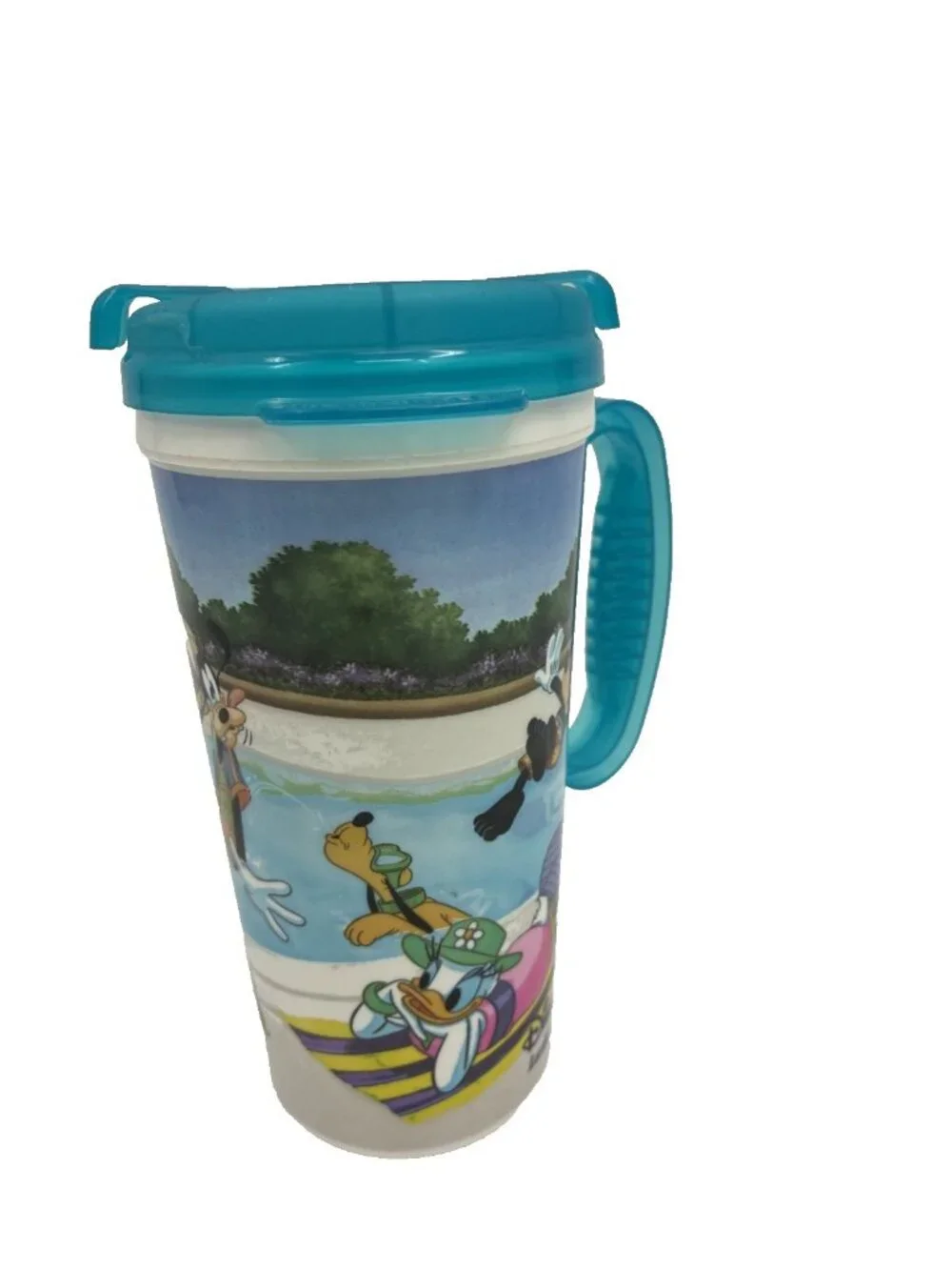 Disney Parks Mickey Minnie Donald Duck Souvenir Travel Cup Mug Teal Handle